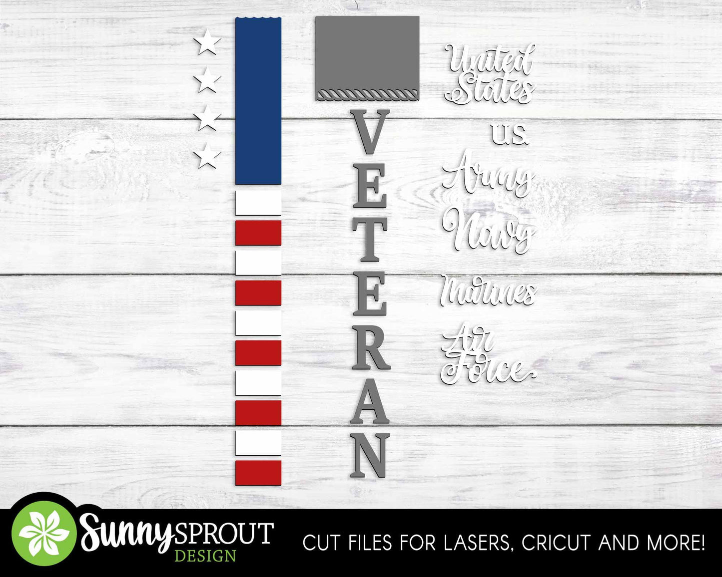 United States Military Veteran Porch Sign, Digital Download, SVG Laser Cut File, Vertical Porch Leaner Design, Patriotic 4th of July Decor
