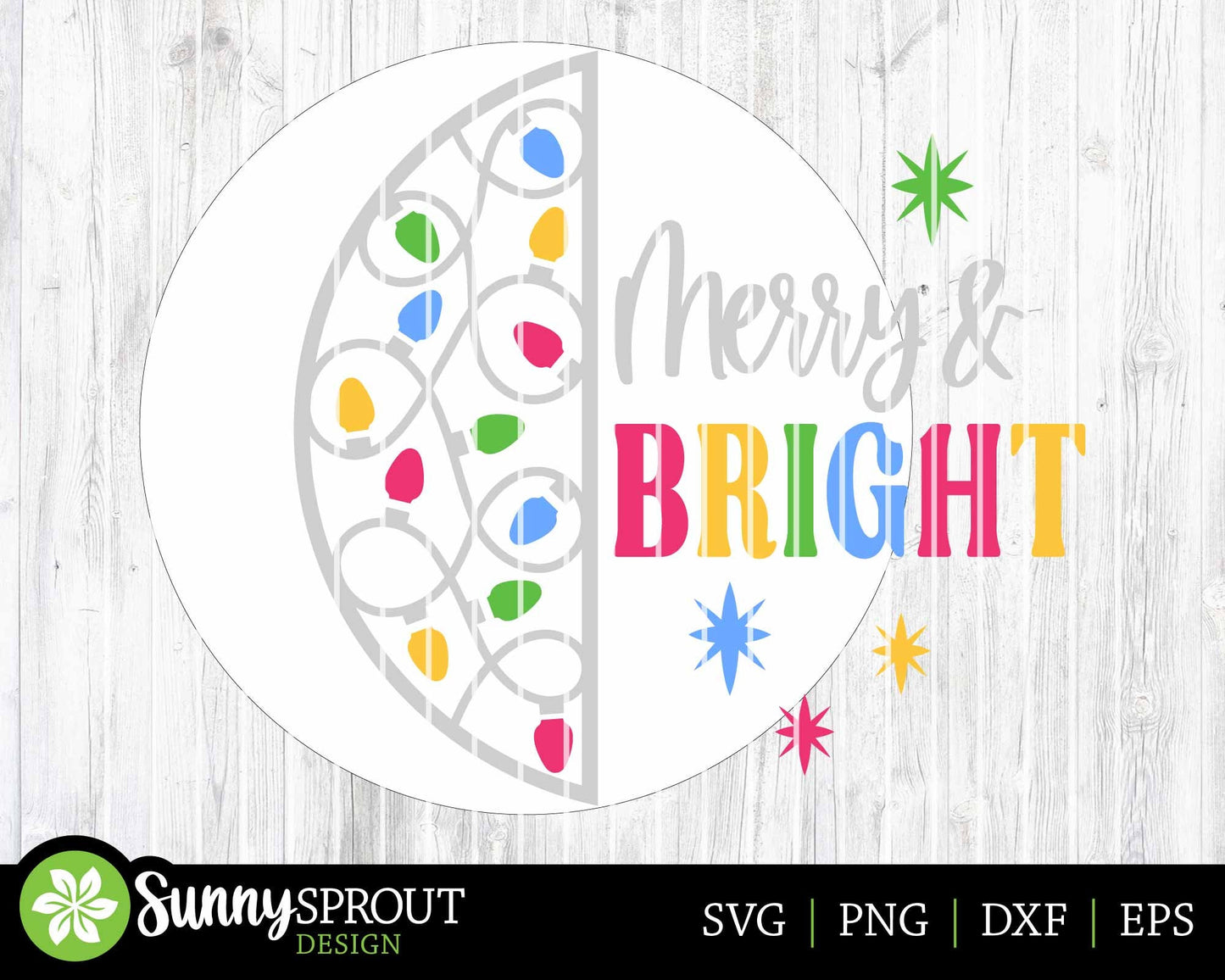 Merry & Bright String Light Sign, Digital Download, SVG Laser Cut File, Cricut, Round Door Hanger Design, Christmas Decor