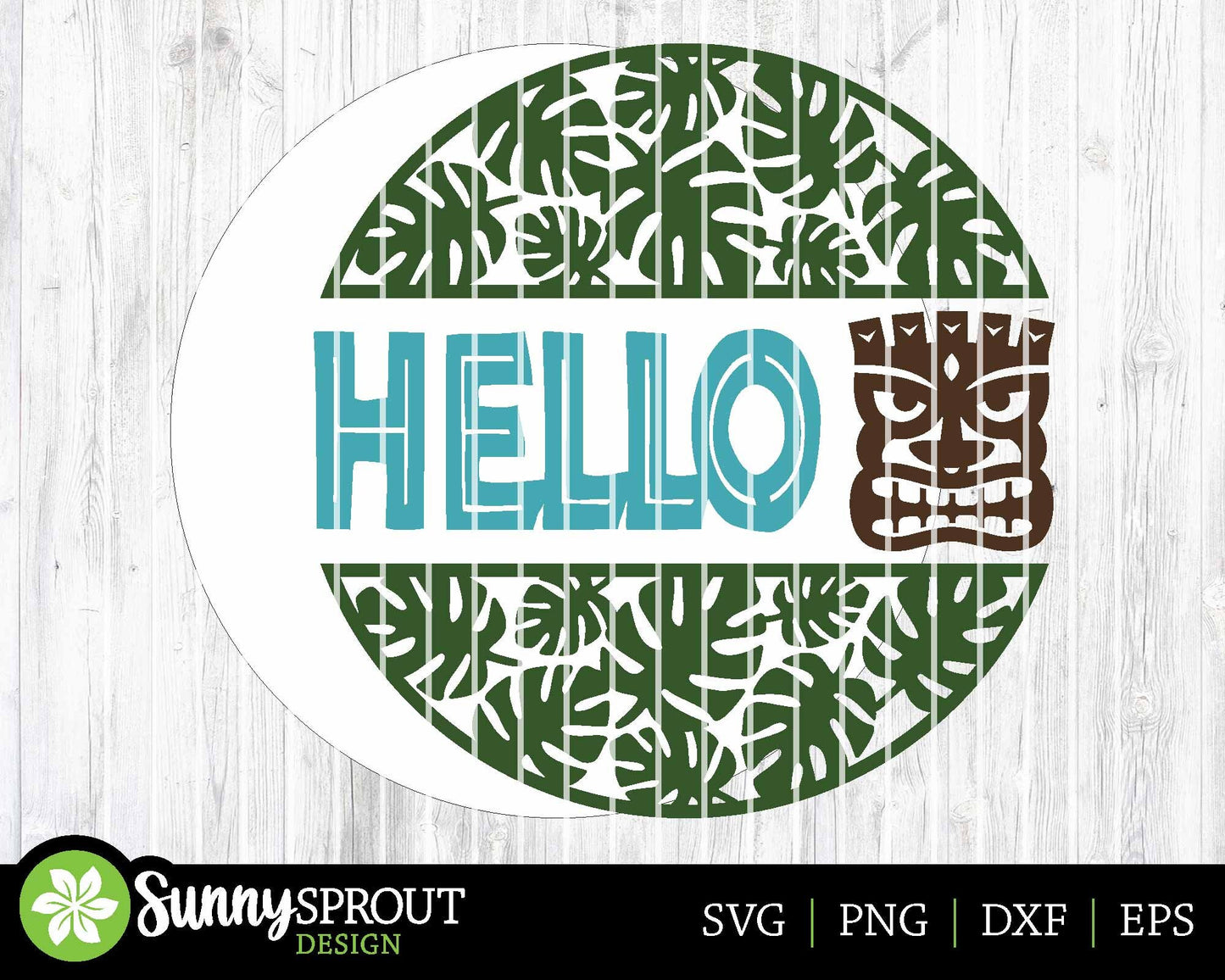 Hello Tropical Tiki Sign, Digital Download, SVG Laser Cut File, Cricut, Summer Round Door Hanger Design