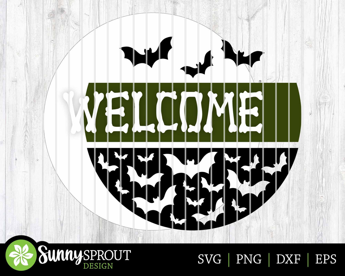Welcome Bones and Bat Pattern Sign, Digital Download, SVG Laser Cut File, Cricut, Round Halloween Door Hanger Design