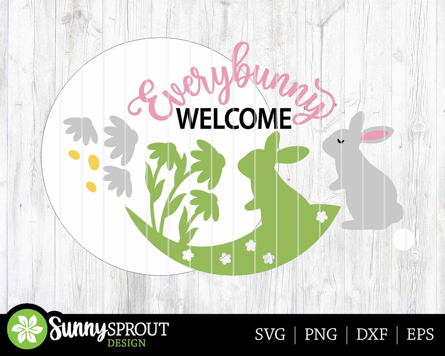 Everybunny Welcome Daisy Sign, Digital download, SVG Laser cut file, Cricut, Round door hanger design, Spring Easter decor