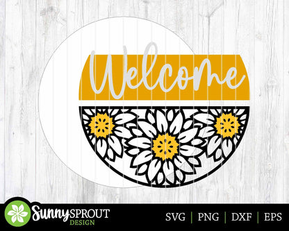 Welcome Sunflower Pattern Sign, Digital Download, SVG Laser Cut File, Cricut, Fall Summer Round Door Hanger Design