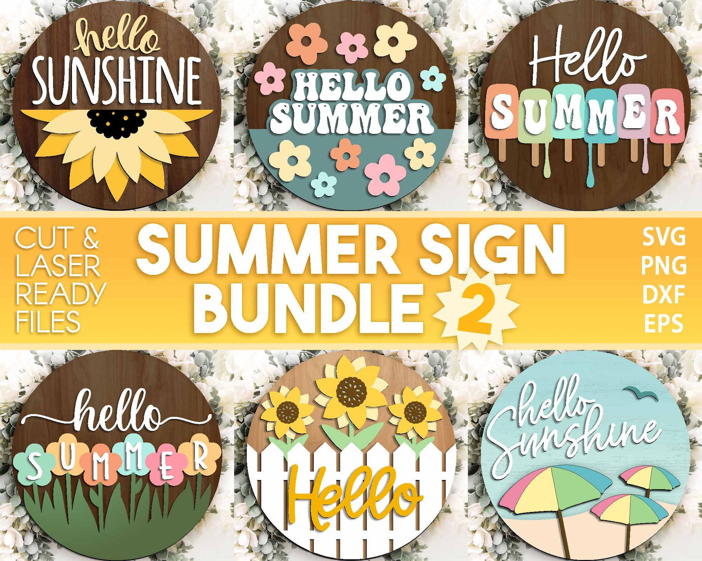 Summer Laser Sign Bundle 2, Round door hanger svg, Glowforge laser file, Cricut cut file, Hello sunshine welcome sign