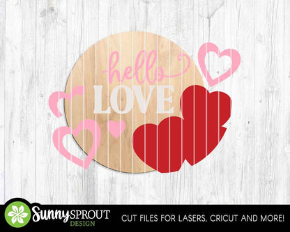 Hello Love Hearts Welcome Sign, Digital Download, SVG Laser Cut File, Cricut, Round Door Hanger Design, Valentine's Day Decor
