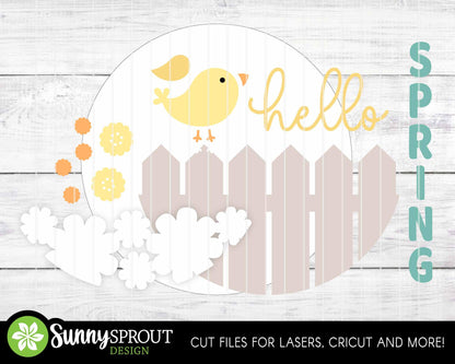 Hello Spring Bird Fence Flowers Sign, Digital download, SVG Laser cut file, Cricut, Round door hanger design