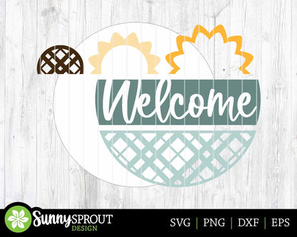 Welcome Plaid Sunflower Sign, Digital Download, SVG Laser Cut File, Cricut, Summer Fall Round Door Hanger Design