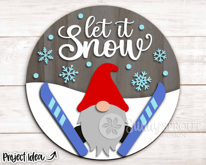 Let It Snow Ski Gnome, Round door hanger svg, Glowforge laser cut file, Cricut, Ski lodge sign svg, Winter decor