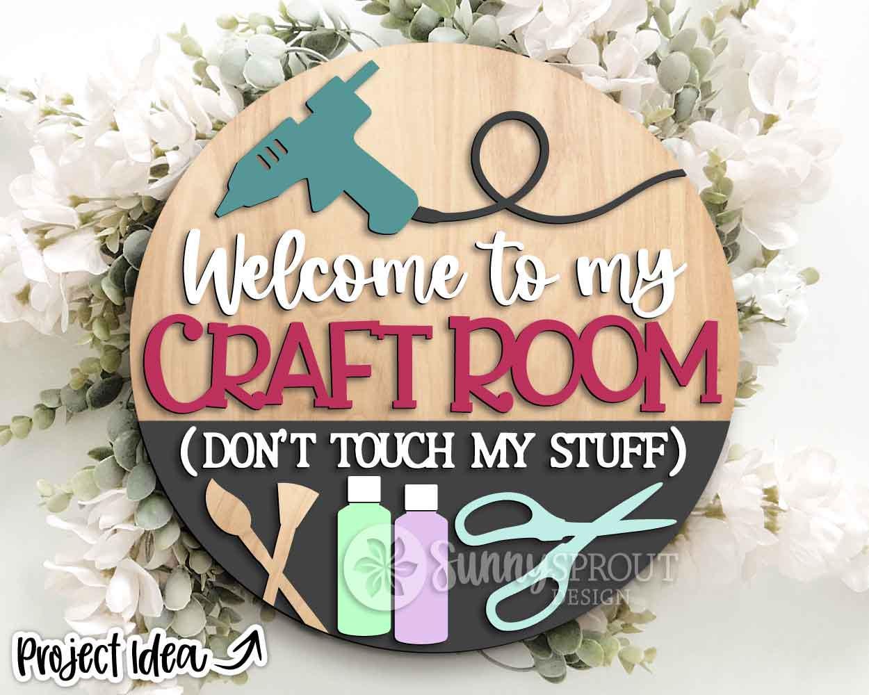 Craft Room Supplies Welcome Sign, Digital Download, SVG Laser Cut File, Cricut, Round Door Hanger Design