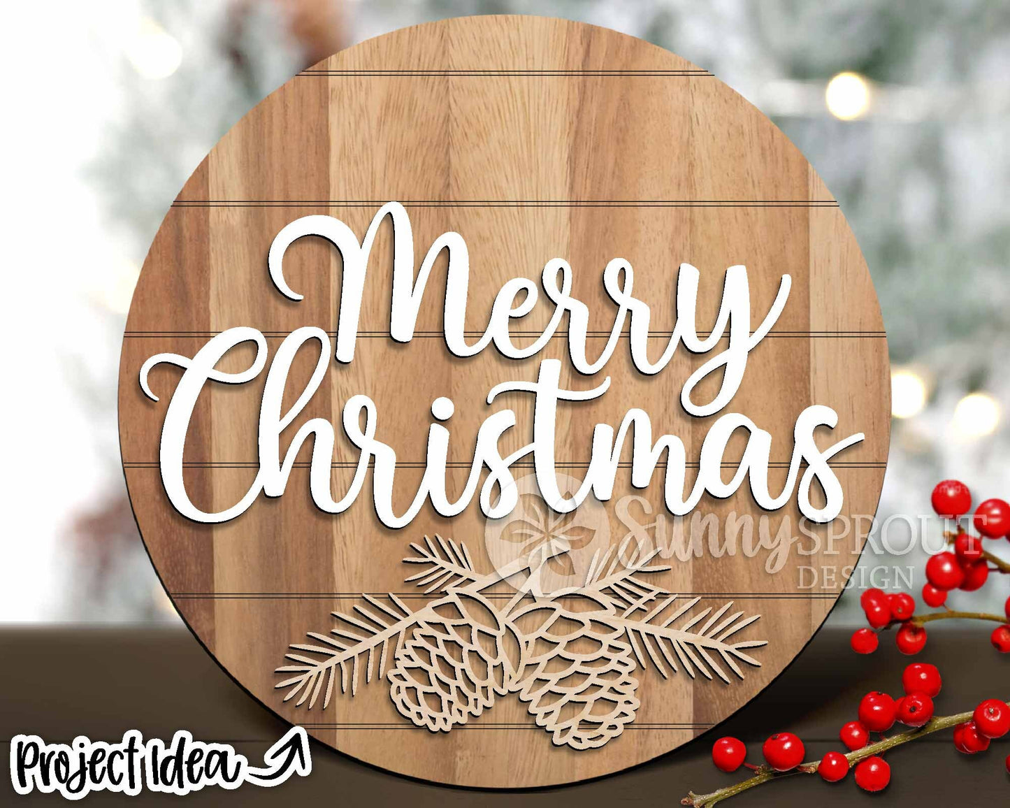 Merry Christmas Pine Branch Sign, Digital Download, SVG Laser Cut File, Cricut, Round Door Hanger Design