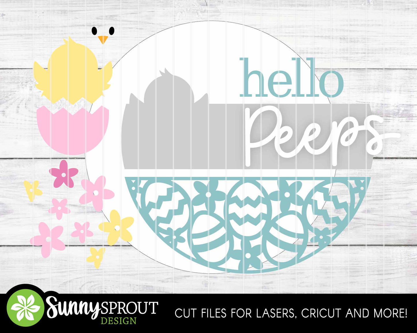 Hello Peeps Chick & Easter Egg Sign, Digital download, SVG Laser cut file, Cricut, Round door hanger design, Spring decor