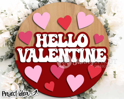 Hello Valentine Retro Heart Welcome Sign, Digital Download, SVG Laser Cut File, Cricut, Round Door Hanger Design, Valentine's Day Decor