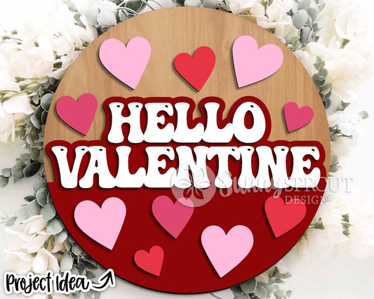 Hello Valentine Retro Heart Welcome Sign, Digital Download, SVG Laser Cut File, Cricut, Round Door Hanger Design, Valentine's Day Decor