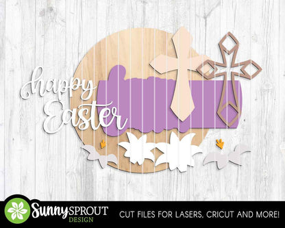 Happy Easter Cross & Lilies Sign, Digital download, SVG Laser cut file, Cricut, Round door hanger design, Christian Easter decor