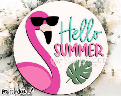 Hello Summer Flamingo Sunglasses Sign, Digital Download, SVG Laser Cut File, Cricut, Round Door Hanger Design