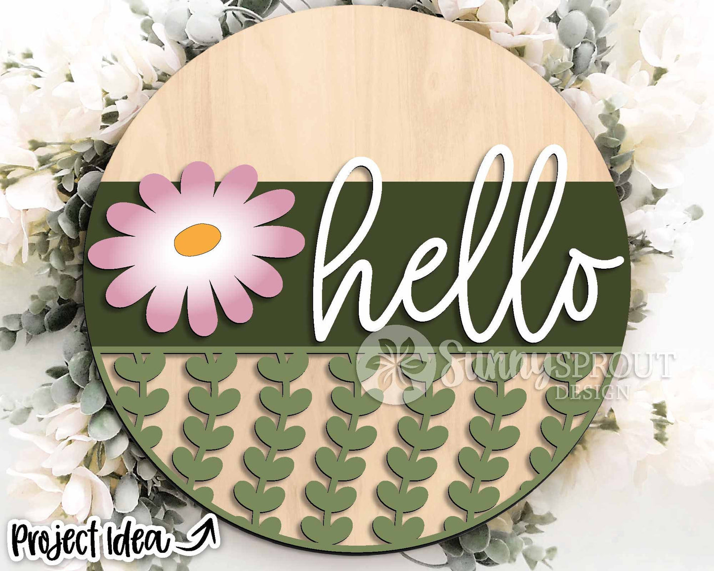 Hello Daisy Flower & Vine Sign, Digital download, SVG Laser cut file, Cricut, Round door hanger design, Spring summer floral decor