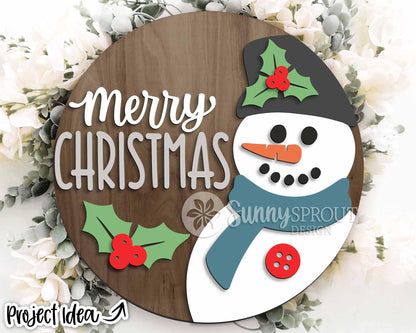 Merry Christmas Snowman Sign, Digital Download, SVG Laser Cut File, Cricut, Round Door Hanger Design