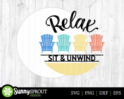 Relax Adirondack Chair Sign, Digital Download, SVG Laser Cut File, Cricut, Beach SVG, Summer Round Door Hanger Design