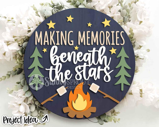 Memories Beneath the Stars Campfire Sign, Digital Download, SVG Laser Cut File, Cricut, Round Door Hanger Design, Camping Cabin Decor