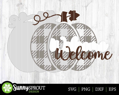 Welcome Checker Pumpkin Sign, Digital Download, SVG Laser Cut File, Cricut, Round Fall Door Hanger Design