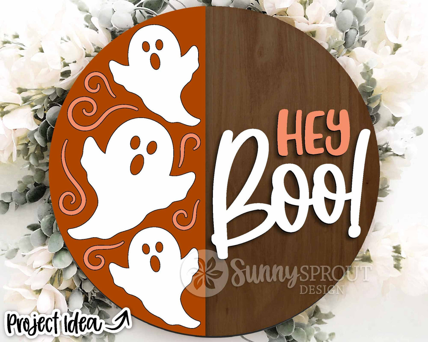 Hey Boo Vertical Ghost Pattern Sign, Digital Download, SVG Laser Cut File, Cricut, Round Halloween Welcome Door Hanger Design