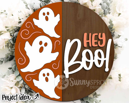 Hey Boo Vertical Ghost Pattern Sign, Digital Download, SVG Laser Cut File, Cricut, Round Halloween Welcome Door Hanger Design