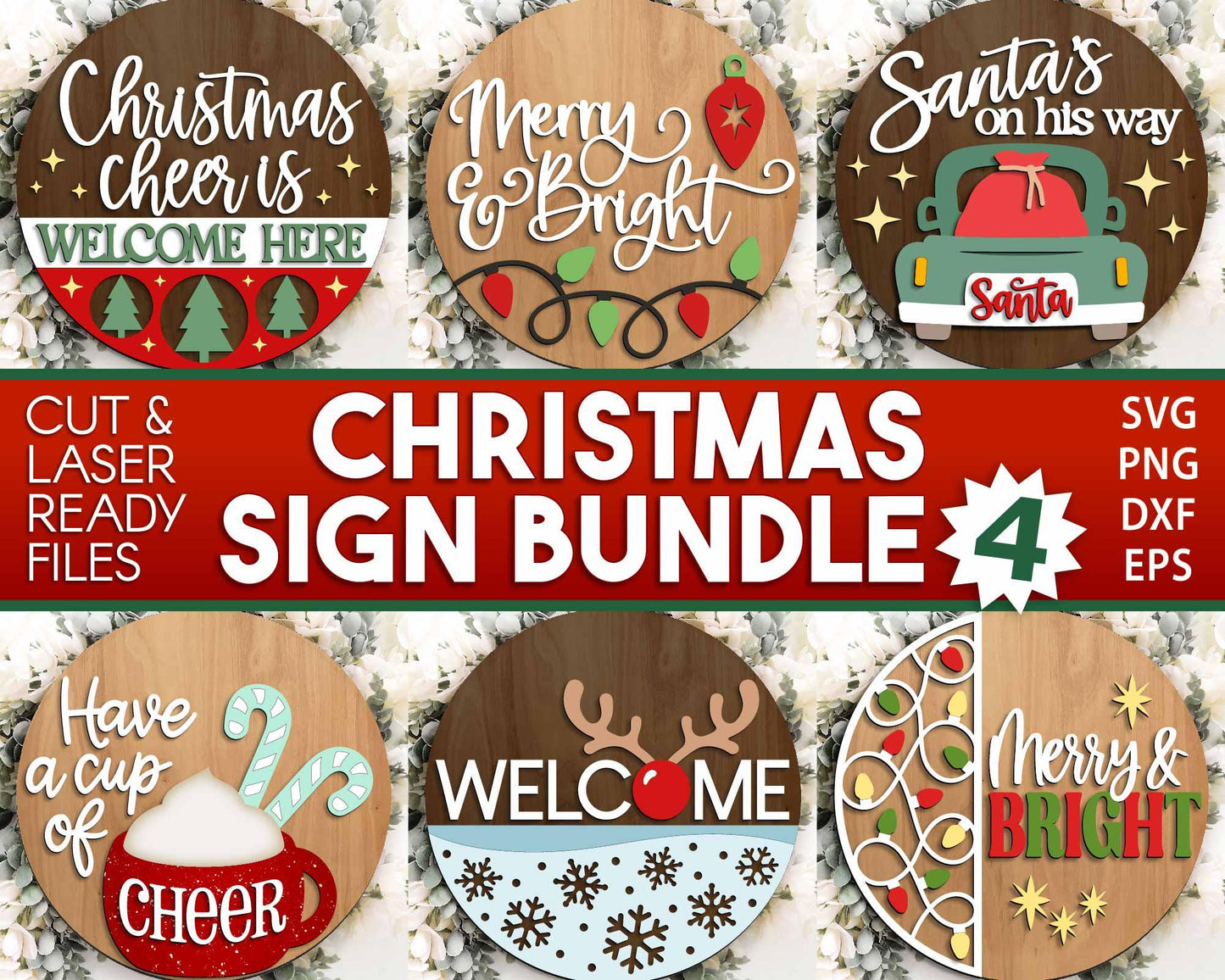 Christmas Laser Sign Bundle 4, Round door hanger, Glowforge laser cut file, Holiday welcome sign svg, Winter decor svg
