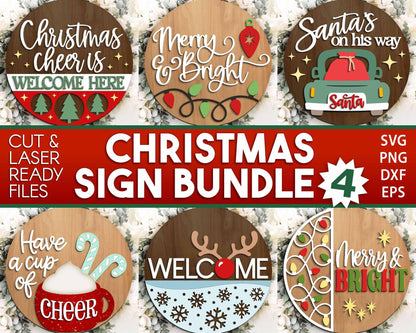 Christmas Laser Sign Bundle 4, Round door hanger, Glowforge laser cut file, Holiday welcome sign svg, Winter decor svg