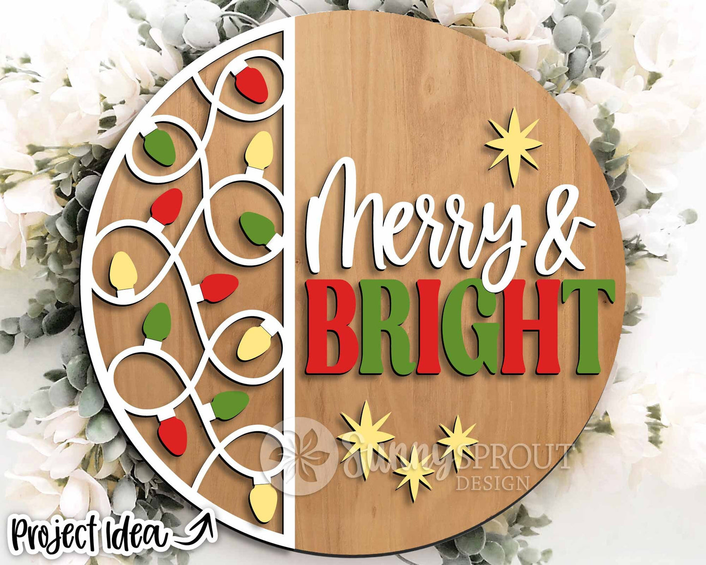 Merry & Bright String Light Sign, Digital Download, SVG Laser Cut File, Cricut, Round Door Hanger Design, Christmas Decor