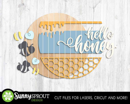 Hello Honey Honeycomb Bee Sign, Digital Download, Digital Download, SVG Laser Cut File, Cricut, Summer Round Door Hanger Design