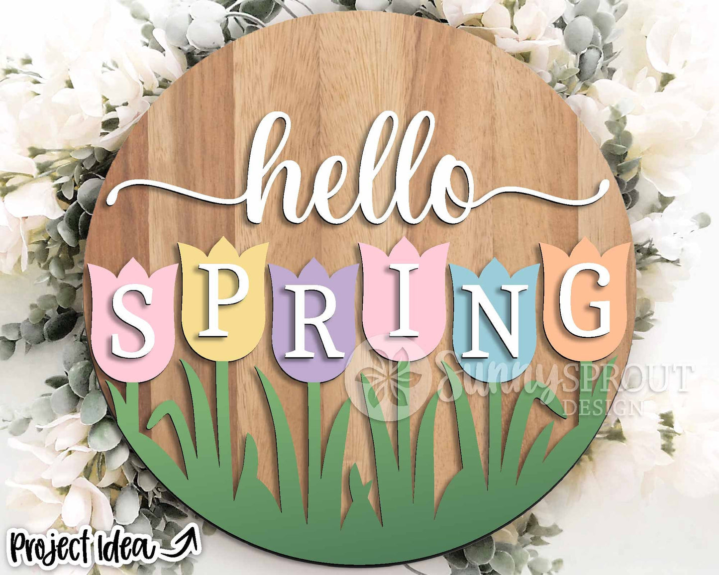 Hello Spring Tulips Sign, Digital download, SVG Laser cut file, Cricut, Round door hanger design, Easter decor
