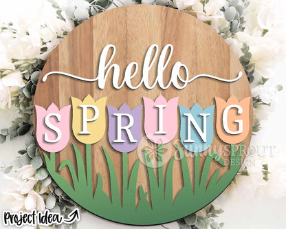 Hello Spring Tulips Sign, Digital download, SVG Laser cut file, Cricut, Round door hanger design, Easter decor