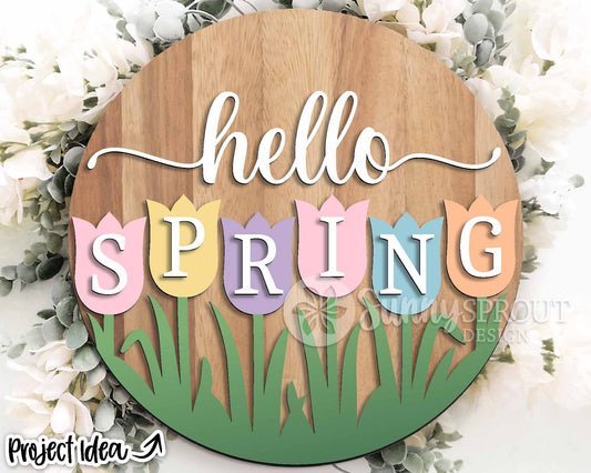 Hello Spring Tulips Sign, Digital download, SVG Laser cut file, Cricut, Round door hanger design, Easter decor