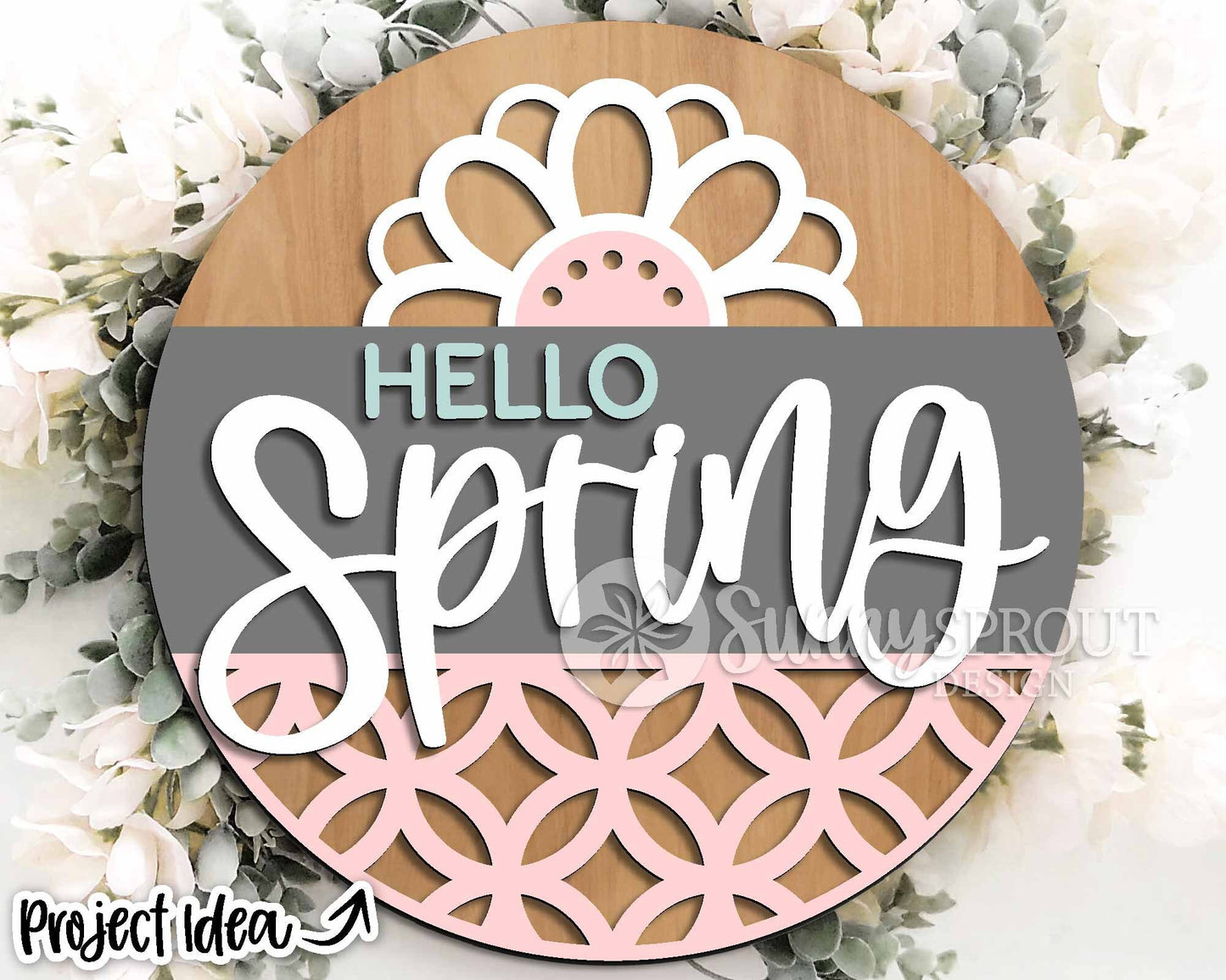Hello Spring Flower Pattern Sign, Digital download, SVG Laser cut file, Cricut, Round door hanger design
