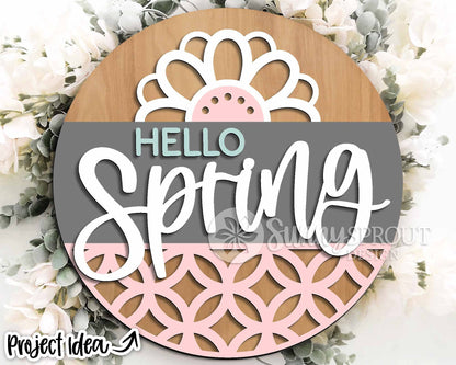 Hello Spring Flower Pattern Sign, Digital download, SVG Laser cut file, Cricut, Round door hanger design