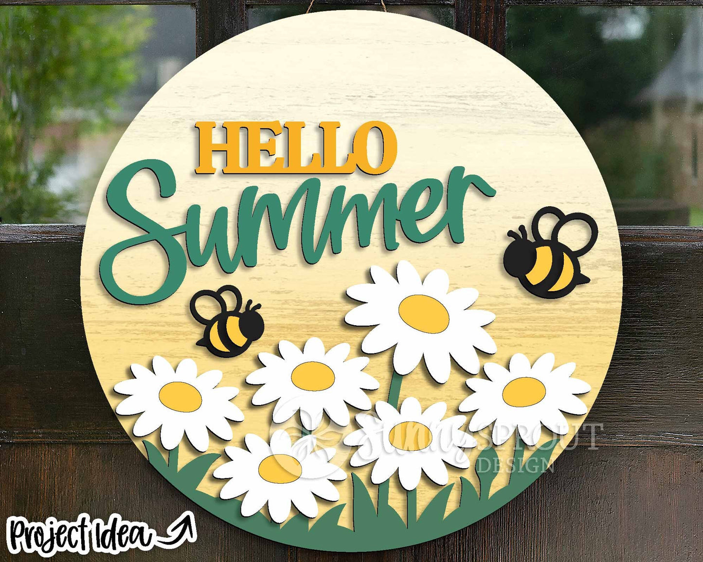 Hello Summer Daisy Bees Sign, Digital Download, SVG Laser Cut File, Cricut, Round Door Hanger Design