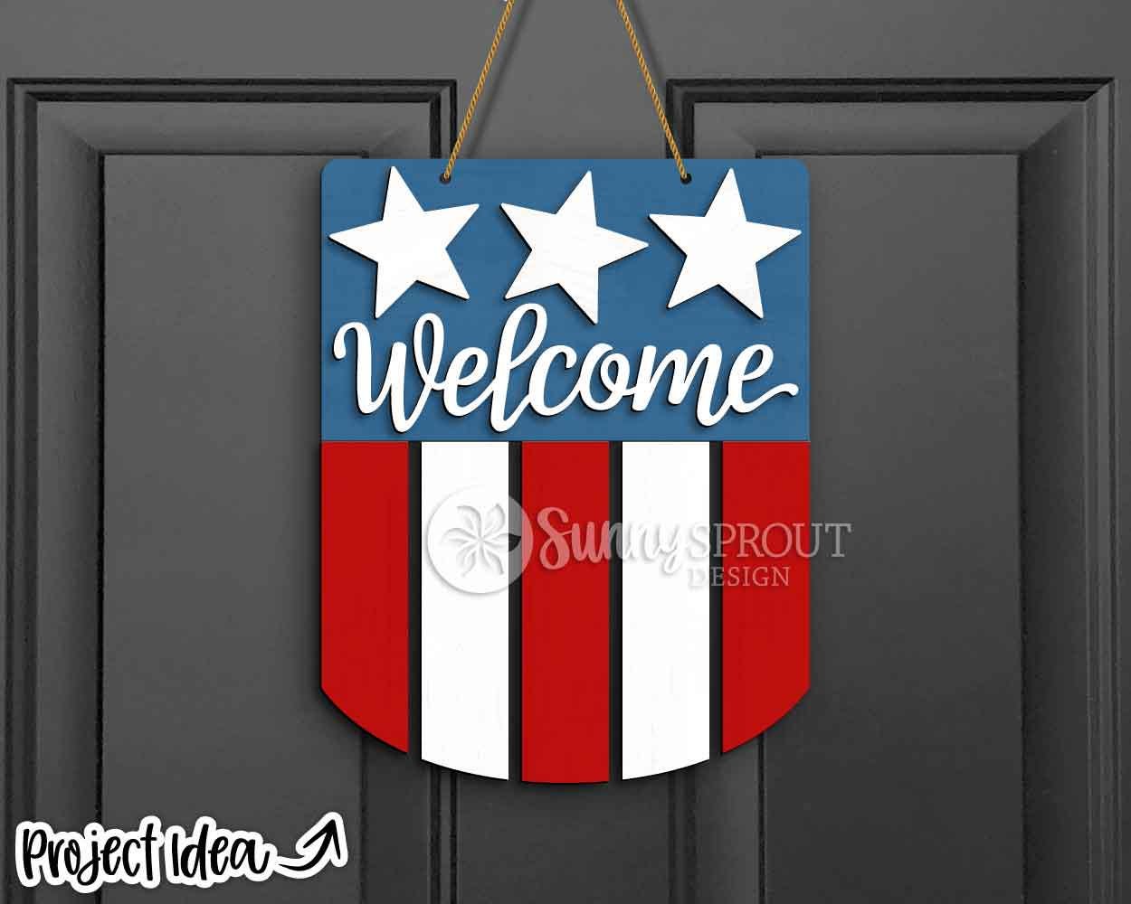 Welcome American Flag Sign, Digital Download, SVG Laser Cut File, Cricut, Door Hanger Design, Patriotic 4th of July Decor
