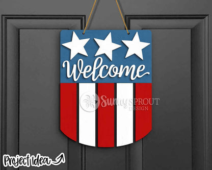 Welcome American Flag Sign, Digital Download, SVG Laser Cut File, Cricut, Door Hanger Design, Patriotic 4th of July Decor