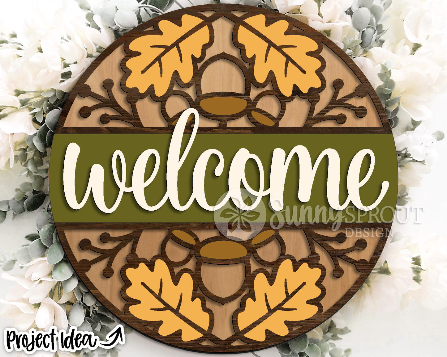 Welcome Fall Leaf Acorn Sign, Digital Download, SVG Laser Cut File, Cricut, Round Fall Door Hanger Design