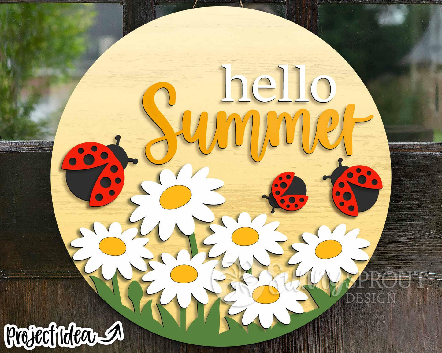 Hello Summer Daisy Ladybug Sign, Digital Download, SVG Laser Cut File, Cricut, Round Door Hanger Design