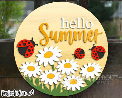 Hello Summer Daisy Ladybug Sign, Digital Download, SVG Laser Cut File, Cricut, Round Door Hanger Design
