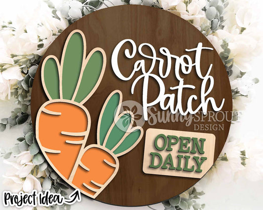 Carrot Patch Open Daily Sign, Digital download, SVG laser cut file, Cricut, Round door hanger design, Farmhouse Easter decor