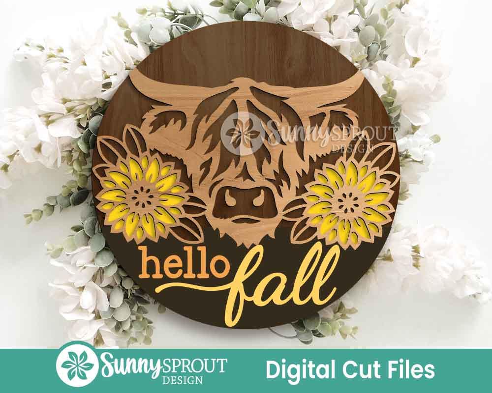 Hello Fall Highland Cow Sunflower Sign, Digital Download, SVG Laser Cut File, Cricut, Round Fall Door Hanger Design, Farm Decor