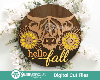 Hello Fall Highland Cow Sunflower Sign, Digital Download, SVG Laser Cut File, Cricut, Round Fall Door Hanger Design, Farm Decor