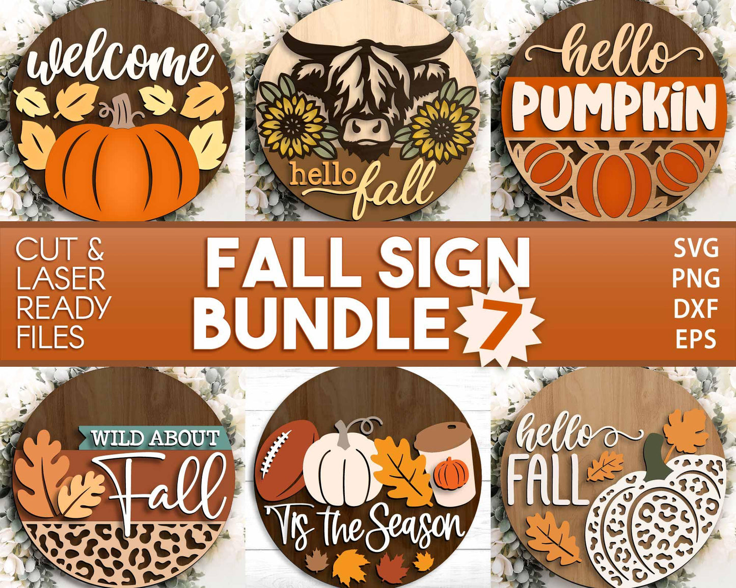 Fall Laser Sign Bundle 7, Round door hanger, Glowforge laser file, Cricut, Autumn welcome sign svg, Hello Fall pumpkin svg