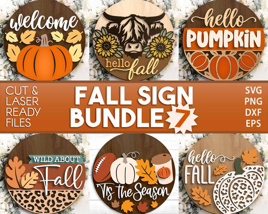Fall Laser Sign Bundle 7, Round door hanger, Glowforge laser file, Cricut, Autumn welcome sign svg, Hello Fall pumpkin svg