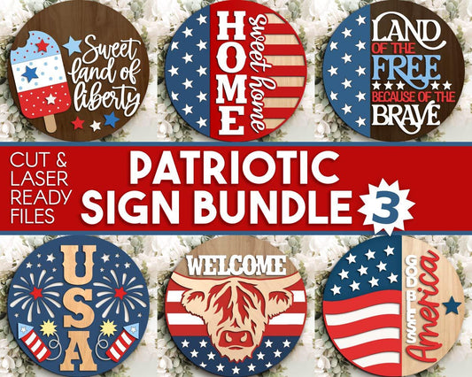 Patriotic Laser Sign Bundle 3, Round door hanger svg, Glowforge laser file, Cricut, Independence Day svg, 4th July decor