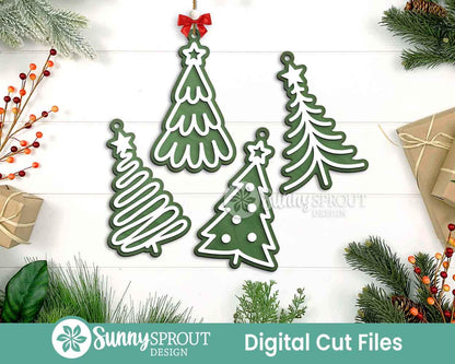Drawn Christmas Tree Ornament Bundle, Digital download, SVG laser cut file, Cricut, Modern Christmas design