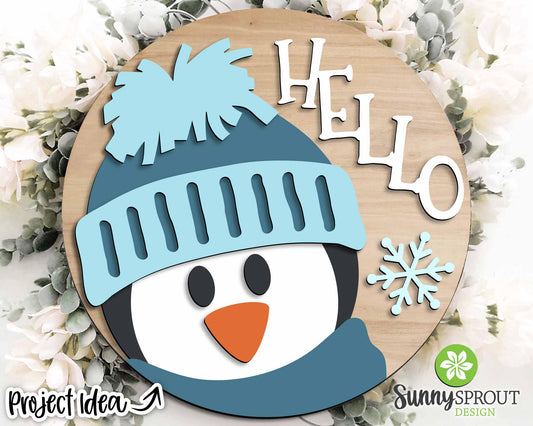 Hello Winter Penguin Sign, Round door hanger svg, Christmas holiday sign, Glowforge laser cut file, Cricut, Winter decor