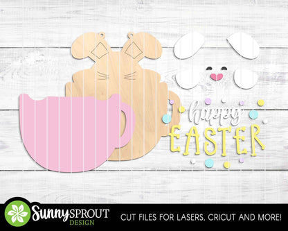 Happy Easter Bunny Mug Sign, Digital download, SVG Laser cut file, Cricut, Door hanger wall art design, Spring decor