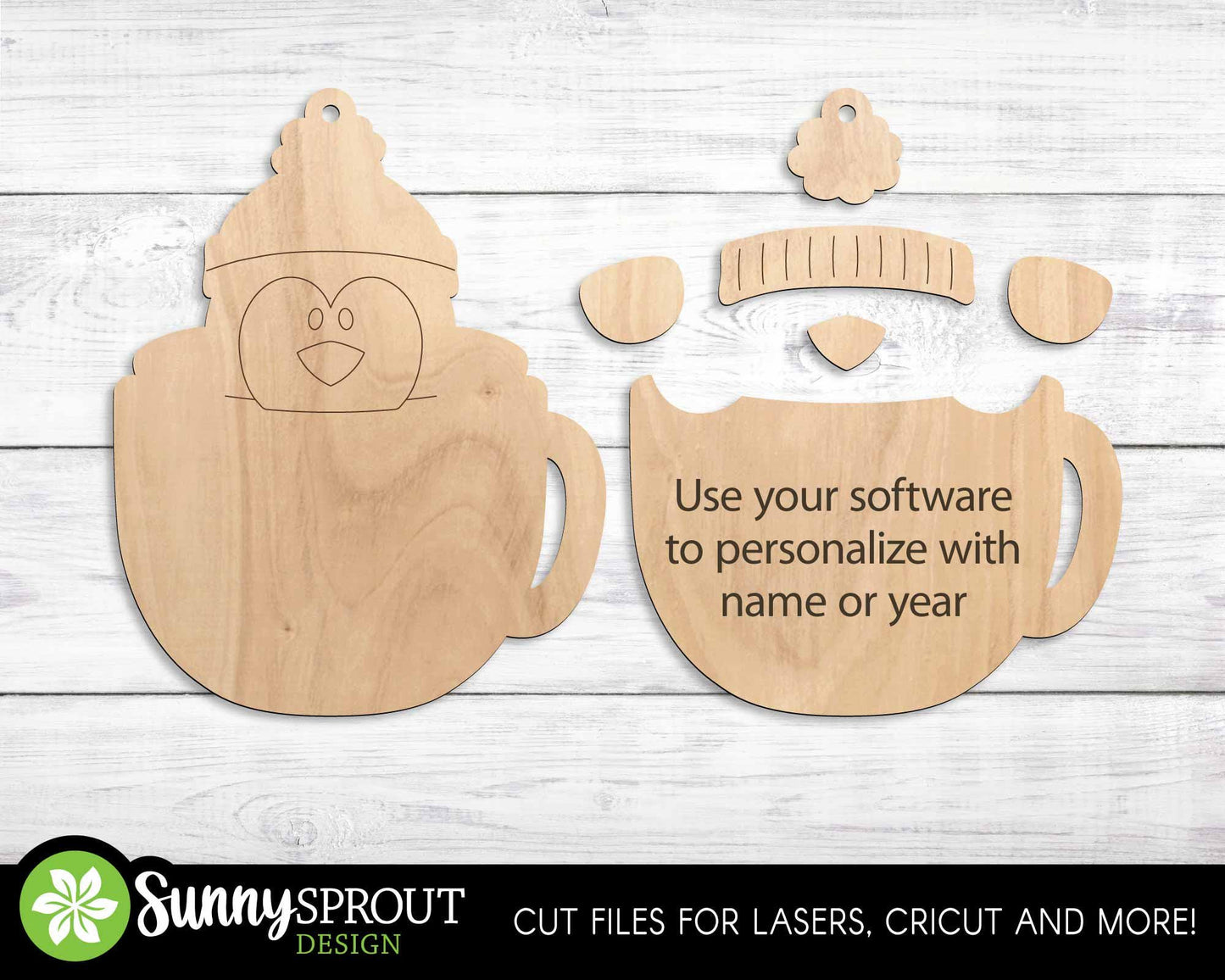 Peeking Penguin Mug Ornament, Digital download, SVG laser cut file, Cricut, Personalize name Christmas design